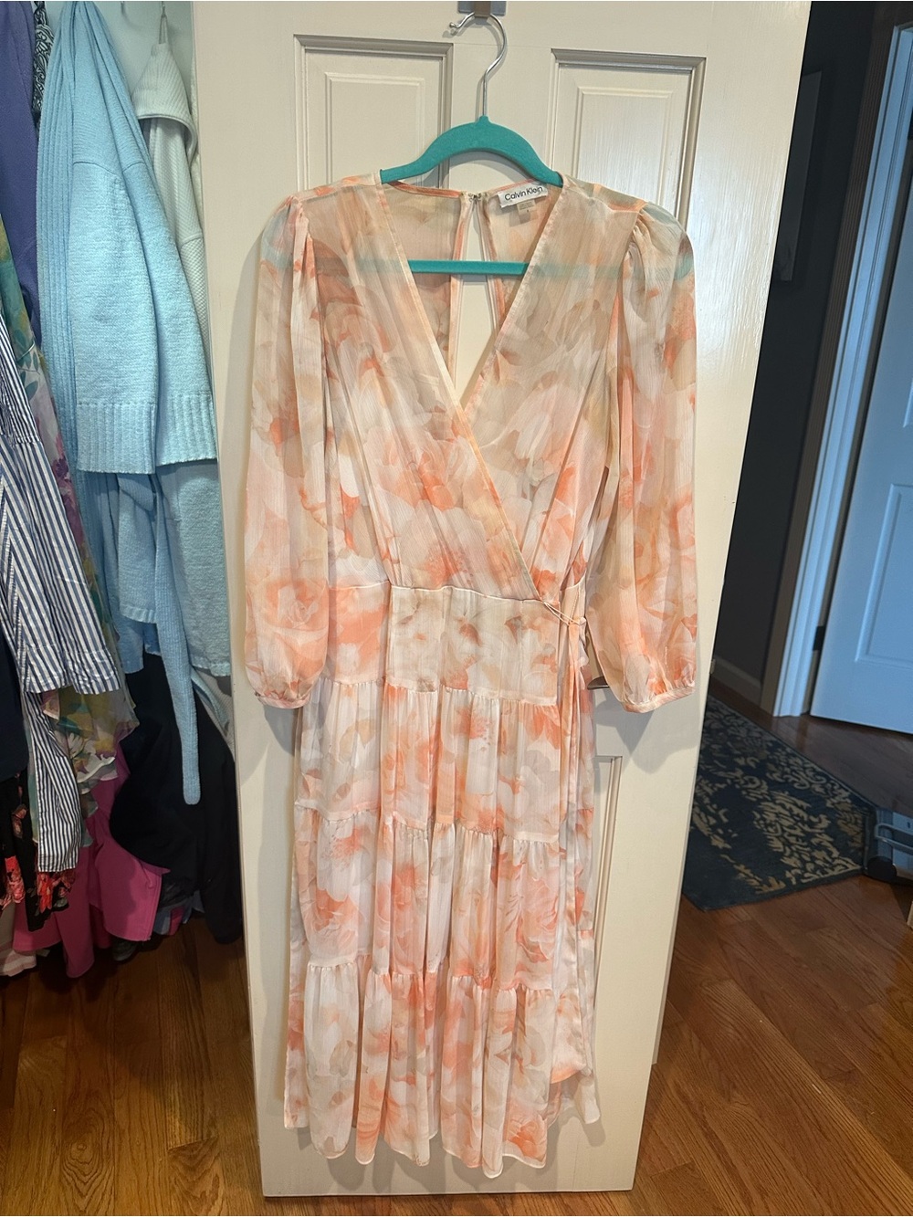 Calvin Klein Peach and Cream Floral Maxi Wrap Dress